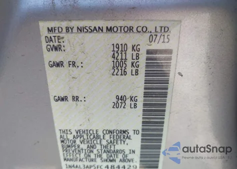 2015 Nissan Altima 2.5/2.5 S/2.5 Sl/2.5 Sv z USA, uszkodzony, nr VIN 1N4AL3AP5FC4H4429